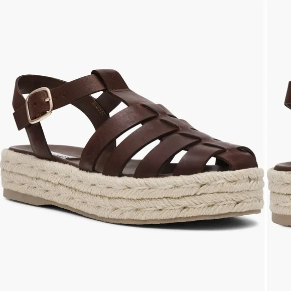 New Steve Madden Marlin Brown Leather Braided Espadrille Platform Sandals - Picture 1 of 7